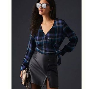 Anthropologie Bella Dahl Tie Back Wrap Top in Teal and Violet Plaid. Size S.